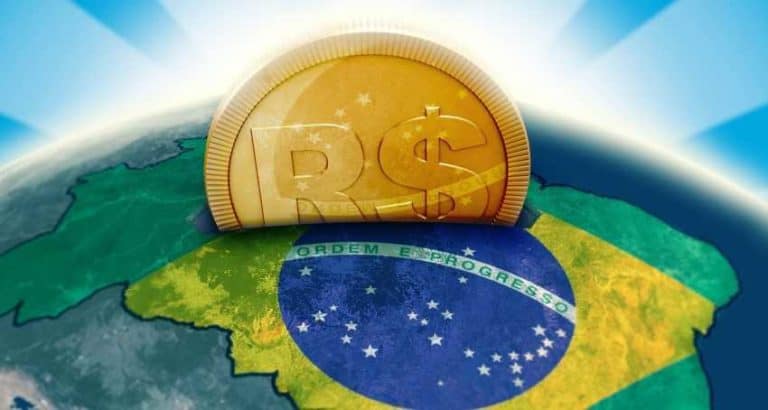 titulos publicos: imagem da bandeira do Brasil e uma moeda representando o Real.