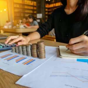 Mulher usando calculadora e anotando em caderneta. À sua frente, uma pilha de moedas em ordem crescente simbolizando a renda fixa.