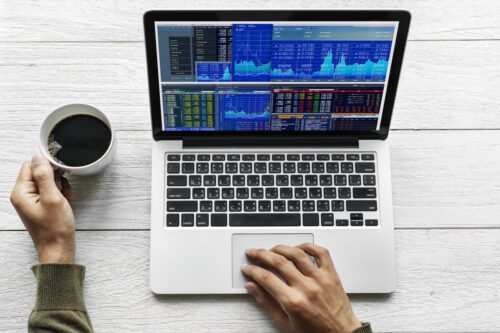 análise técnica: uma pessoa realizando análise técnica sobre as oscilações do mercado financeiro no notebook.