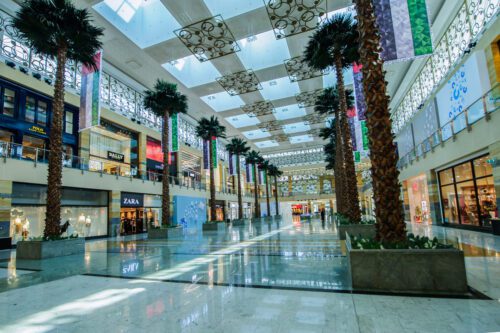 fundo imobiliário de shopping: uma foto de um shopping com algumas palmeiras na entrada.