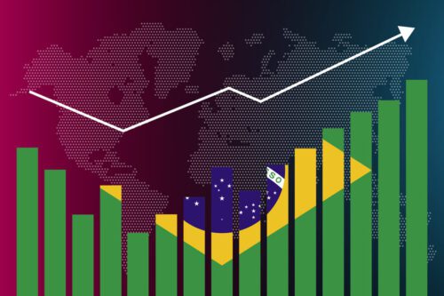 BNDES: um gráfico feito através da bandeira do Brasil, mostrando a oscilação do desenvolvimento econômico.