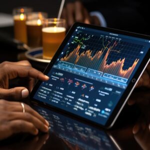 dow jones: um tablet mostrando as oscilações do mercado financeiro por meio de gráficos.