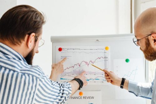 ANBIMA: duas pessoas analisando, gráficos e debatendo sobre as oscilações de mercado.