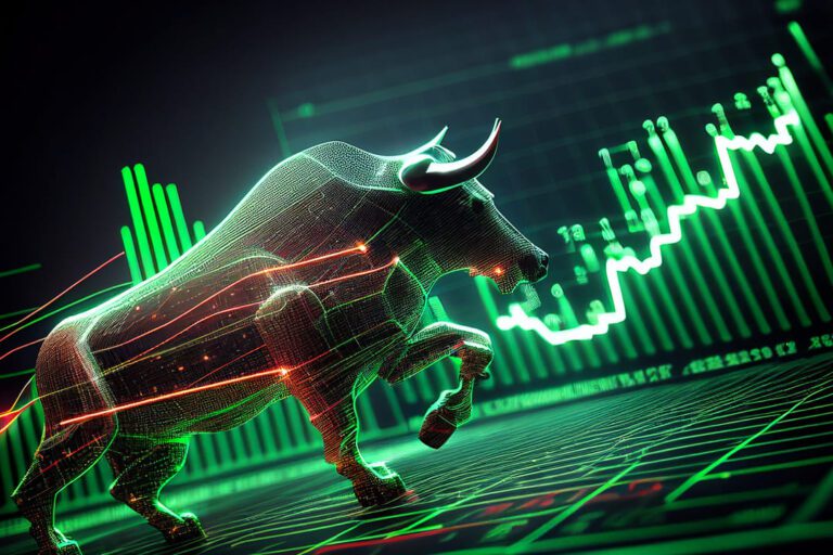Boi Gordo: gráficos de barra e linha na cor verde neon, um holograma de um touro.