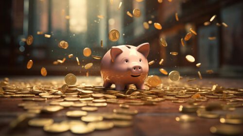 investir em precatórios: um cofrinho de porquinho rosa e várias moedas douradas em voltar e jogadas por alto.