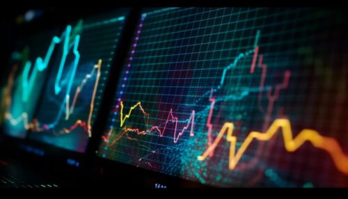 Monitores exibindo gráfico de investimentos e operações after market.