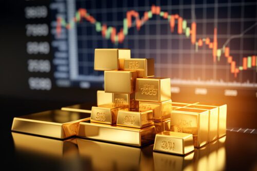 Barras de ouro empilhadas, ao fundo uma tela exibindo gráfico de investimentos para representar o GOLD11.