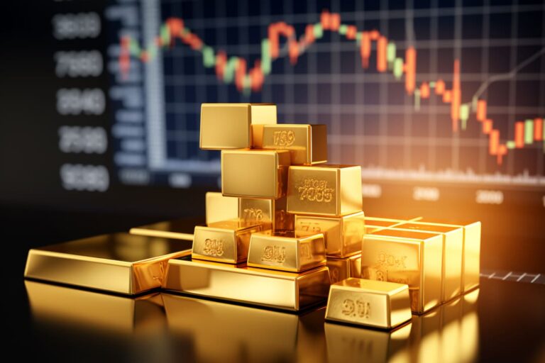 Barras de ouro empilhadas, ao fundo uma tela exibindo gráfico de investimentos para representar o GOLD11.