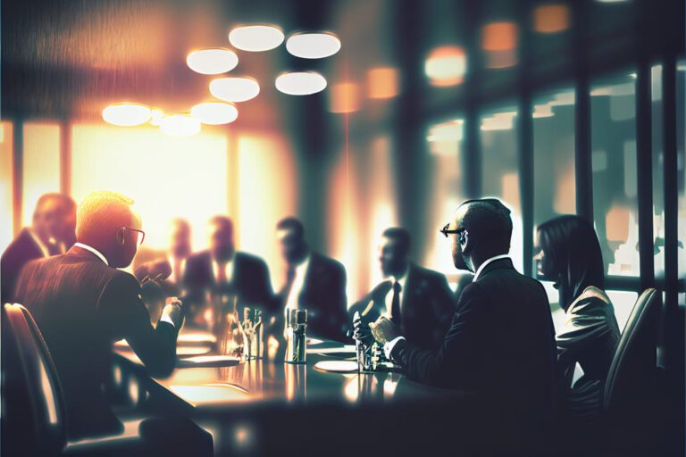 Executivos reunidos em sala de reunião, representando uma holding.