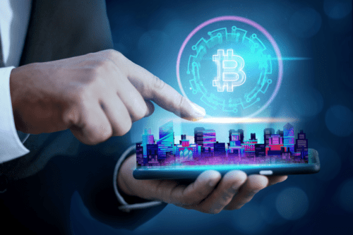Futuro das transações financeiras e seu processo de tokenização, representado por um design com a criptomoeda Bitcoin (BTC)