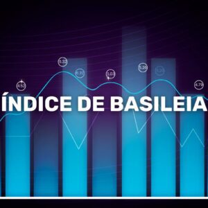 Gráfico azul com barras e linha de crescimento sobre fundo escuro, destacando o texto Índice de Basileia no centro.