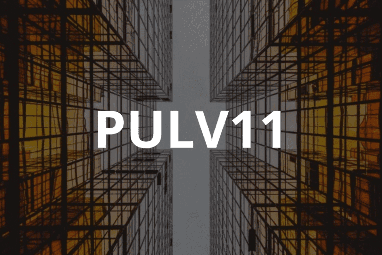 Fundo imobiliário PULV11 com destaque para retorno de IPCA + 11,30%, investimento forte em abril e imagens de edifícios comerciais modernos.