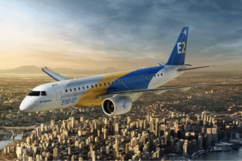 Ilustração de um avião da Embraer em voo.
