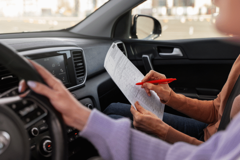 Foto do interior de um carro, ilustrando um exame prático de direção.