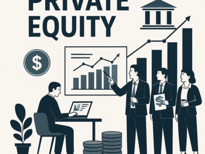 Ilustração explicando o que é private equity com gráficos e investidores analisando dados.