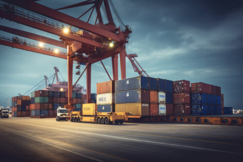 Grande cargueiro ancorado em um dock, ilustrando exportações.