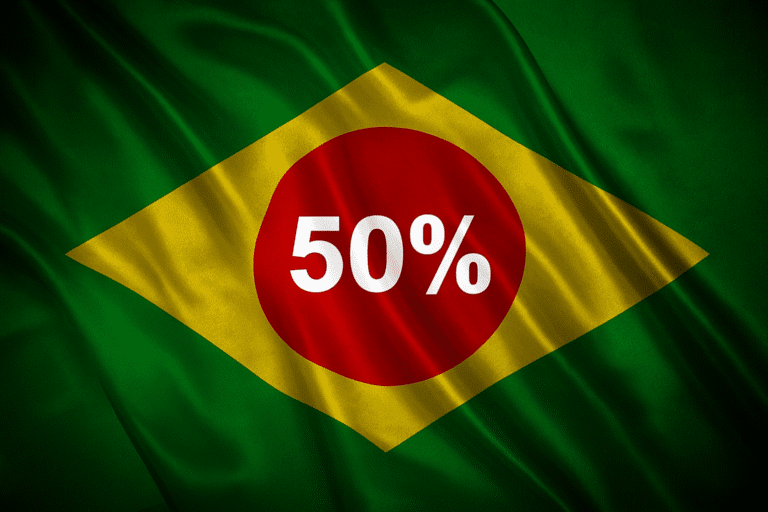 Bandeira do Brasil com um percentual 50% ao centro de um círculo vermelho.