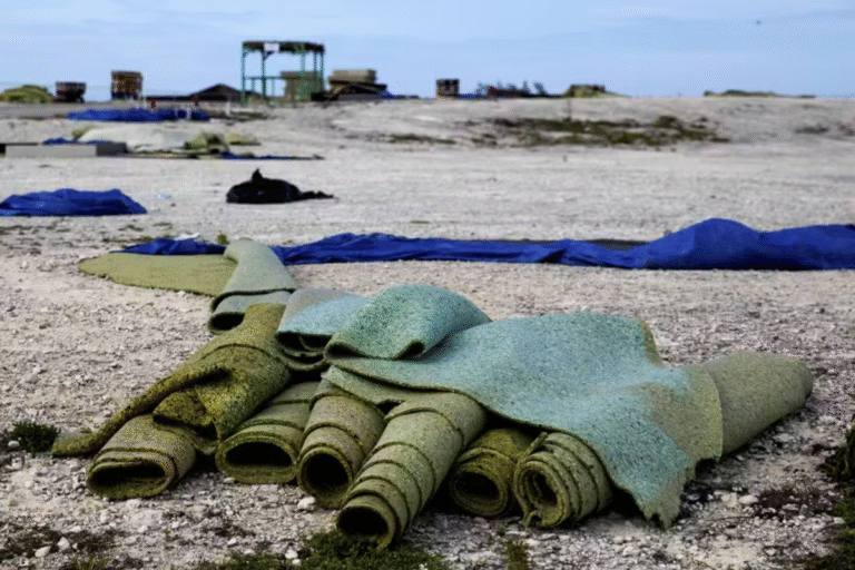Foto de cobertores verdes empilhados na areia da praia onde ocorreu o Fyre Festival.