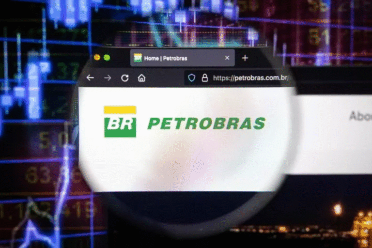 Imagem da página inicial do site da Petrobras, uma das maiores empresas de petróleo do Brasil, destacando seu logo verde e amarelo em um fundo digitalizado de cores vibrantes.
