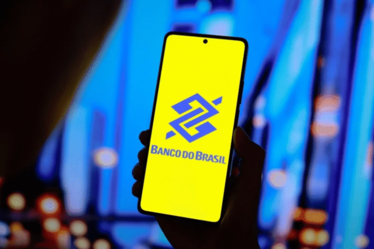 Pessoa segurando smartphone exibindo o logo do Banco do Brasil na tela em ambiente urbano iluminado à noite, promovendo serviços bancários digitais.