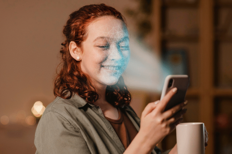 Mulher sorridente usando smartphone com tecnologia facial de reconhecimento, destacando inovação em segurança digital e reconhecimento biométrico.
