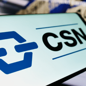 Imagem de uma tela de dispositivo móvel exibindo o logo do CSN, uma das maiores empresas de siderurgia e mineração do Brasil, destacando seu branding.