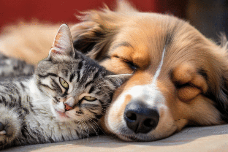 Gato e cachorro deitados juntos, demonstrando amizade e carinho, ambos relaxados e tranquilos, ideal para quem busca exemplos de amizade animal.