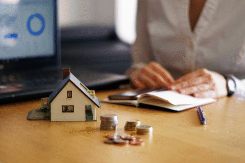 Imagem de uma casa de brinquedo, moedas espalhadas na mesa, uma pessoa escrevendo em um caderno e um computador ao fundo, indicando planejamento financeiro e investimentos imobiliários.
