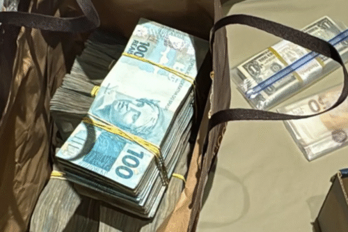 Imagem mostrando grande quantidade de dinheiro em notas de 100 dólares e 50 dólares, organizadas em pilhas e embaladas em sacos plásticos, possivelmente relacionado a atividades financeiras ou ilícitas.