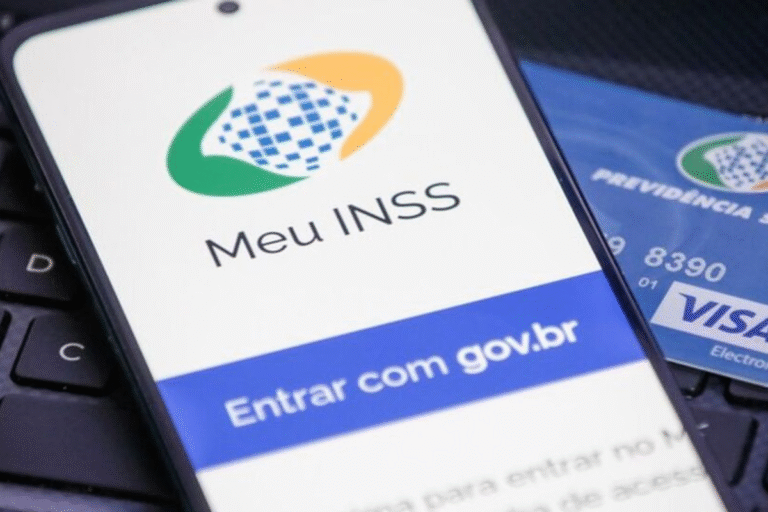 Tela de smartphone exibindo o aplicativo Meu INSS com a opção 'Entrar com gov.br', relacionado ao INSS e benefícios sociais no Brasil.