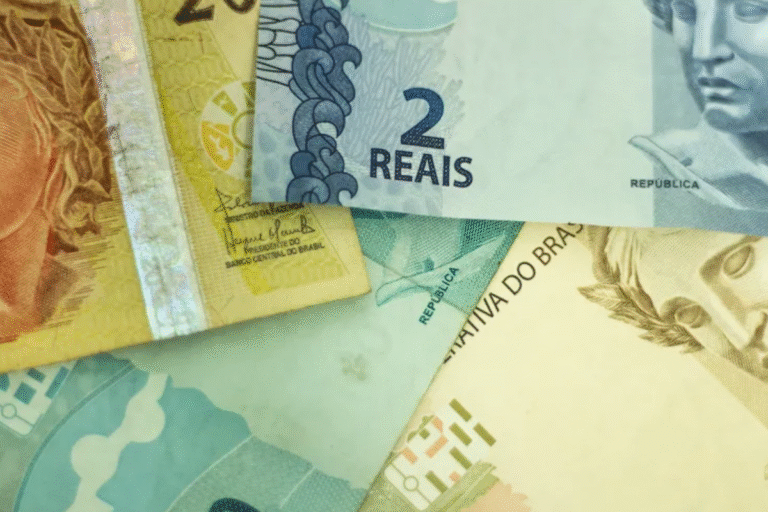 Diversas cédulas de dinheiro brasileiro, incluindo notas de 2, 5 e 20 reais, exibidas de forma sobreposta, simbolizando economia, finanças ou dinheiro.