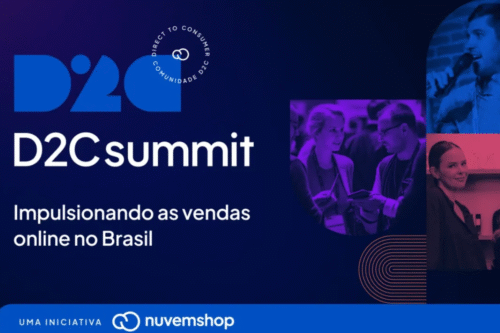Imagem do D2C Summit promovendo vendas online no Brasil, com participantes em evento de negócios e tecnologia, destacando estratégias de comércio eletrônico.