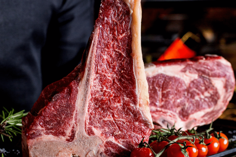 Imagem de um corte de carne bovina, com textura suculenta e marmorizada, preparado para churrasco, decorado com tomates cereja e ramos de alecrim.