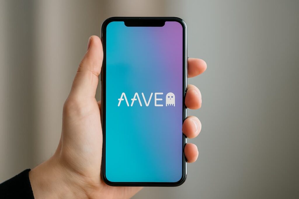 Mão segura celular exibindo a logo da criptomoeda AAVE em tela degradê azul e roxo com ícone de fantasma branco.