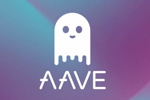 Logo da criptomoeda AAVE em fundo degradê azul e roxo, com fantasma branco sorridente acima do nome estilizado.