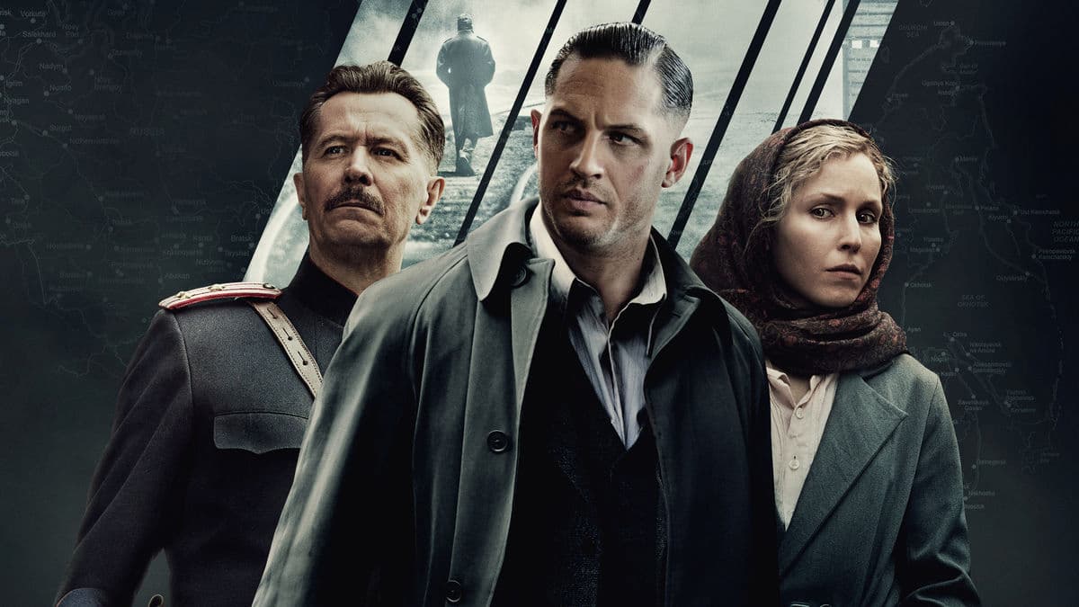 Personagens de Crimes Ocultos em clima sombrio da União Soviética, destaque para Tom Hardy no centro da cena.