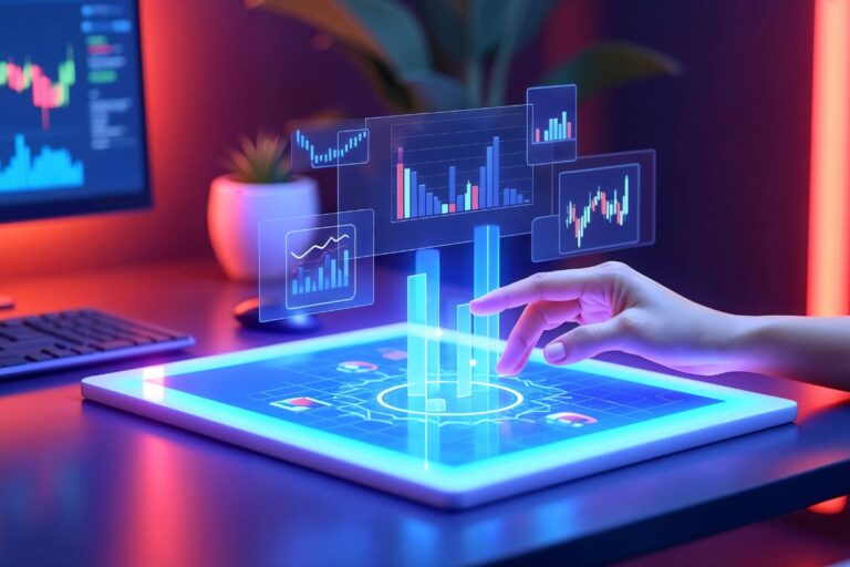 Pessoa usando um tablet com gráficos na tela, explorando IA para investimentos.