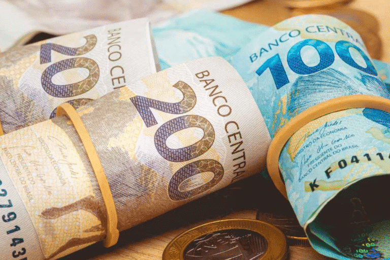 Conjunto de notas empilhadas com um rolo de cédulas, ilustrando a abundância financeira.