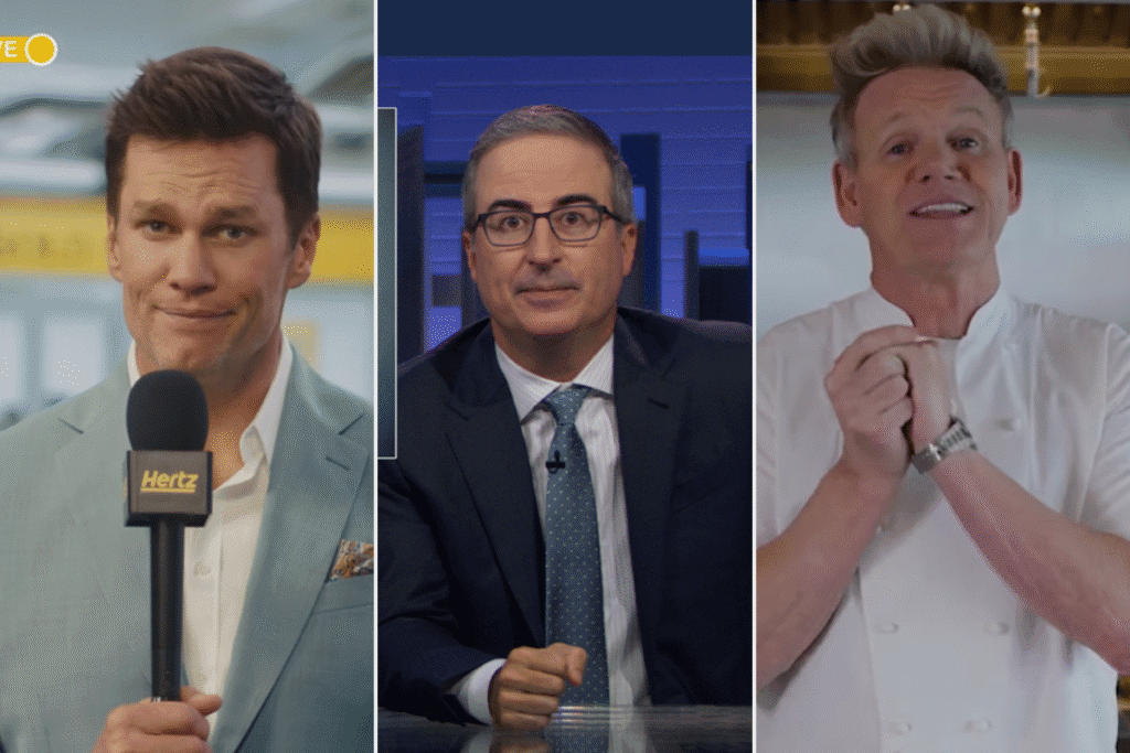 Montagem com Tom Brady à esquerda, Jhon Oliver ao centro e Gordon Ramsay à direita.
