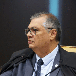 Flávio Dino em uma sessão judicial, vestindo toga e gravata, com expressão séria e gesticulando durante o depoimento ou audiência "juiz de direito".
