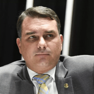 Flávio Bolsonaro de terno cinza com gravata listrada amarela está sentado em frente a faixas verticais de luz. Ele parece pensativo e sério.