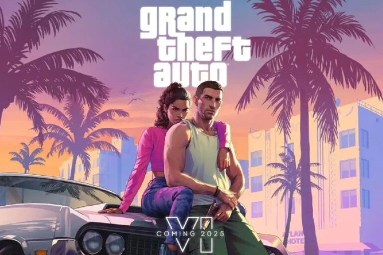 Imagem promocional do jogo Grand Theft Auto, com dois personagens masculinos e femininos em cenário urbano tropical ao pôr do sol, divulgando o lançamento em 2025.