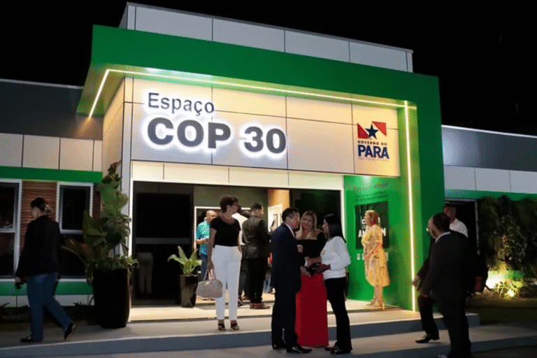 Espaço COP 30 em evento de meio ambiente com várias pessoas conversando na entrada do espaço em um ambiente externo à noite