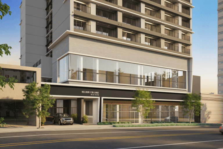 Imagem de um prédio moderno na cidade com fachada de vidro e comercial Helbor Collage na entrada, com árvores ao redor na rua.