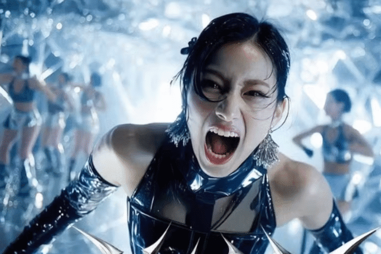 Mulher com expressão de raiva ou fúria, com cabelo molhado e maquiagem marcante, em ambiente futurista com luzes azuis, vestindo roupa de material metálico ou plástico.