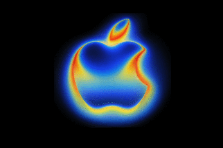 Imagem artística do logo da Apple com efeito de cores quentes e frias, destacando o símbolo icônico em um fundo escuro, representando inovação e tecnologia.