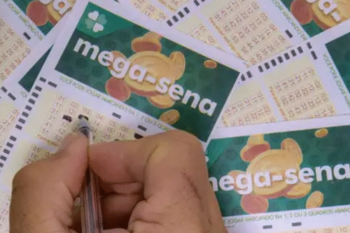 Uma mão marca números em um bilhete de loteria da Mega-Sena, cercada por vários outros bilhetes.