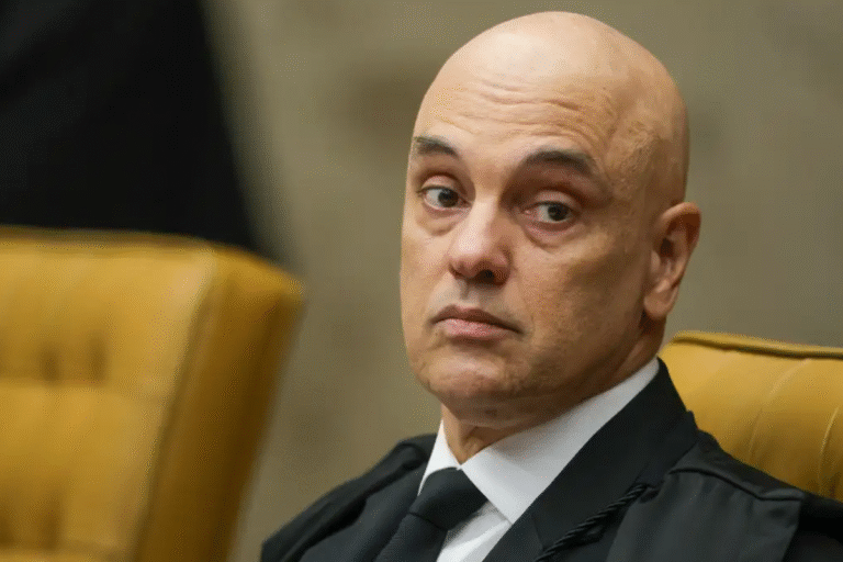 Imagem Alexandre de Moraes em tribunal com expressão séria, vestindo toga preta, representando o sistema judicial brasileiro.