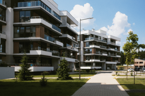 Imagem de um conjunto de prédios residenciais modernos com várias unidades, lojas de vidro e varandas amplas, localizado em uma área com árvores e iluminação moderna.