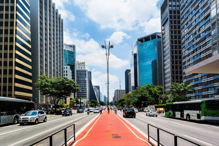 Avenida paulista em dia de céu azul com carros em movimento